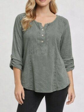 Democracy Ash Green Embroidered Tab Roll Henley Blouse